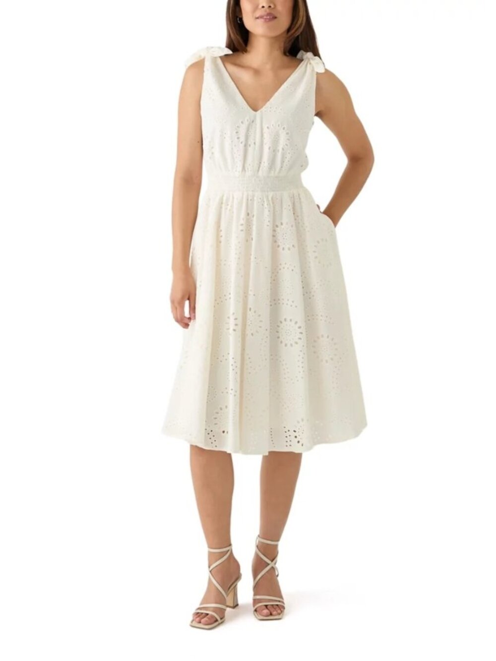 Anne Klein Womens Eyelet Tie Shoulder Midi Dress Pearl White Size 6 Cotton Blend